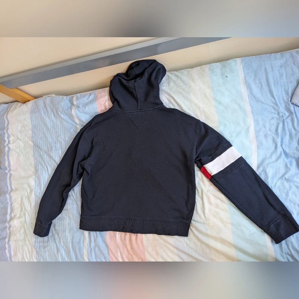 Navy Blue Tommy Jeans Zip Up Sweater with Hood and Red Stripe - Picture 3 of 9